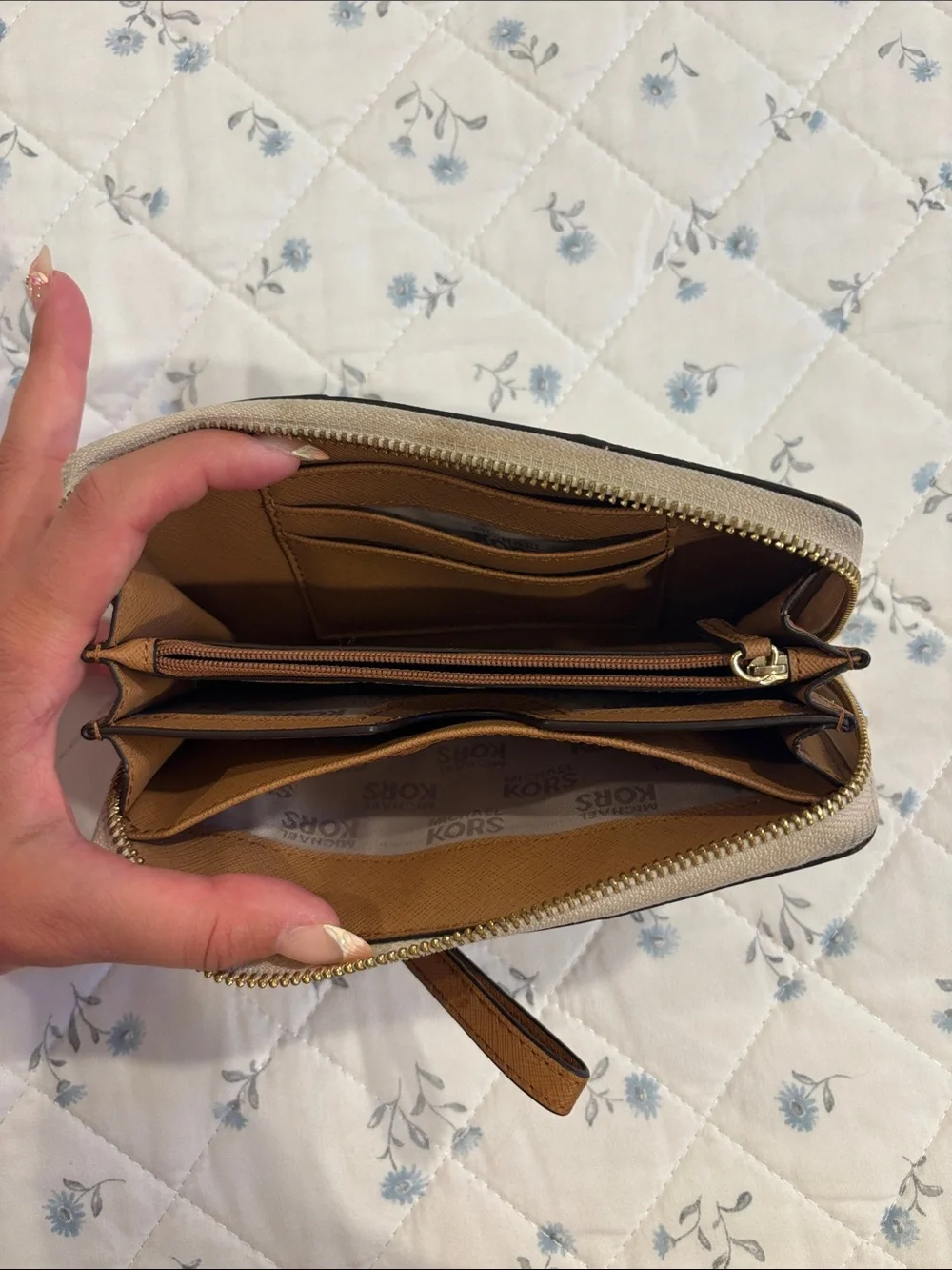 Michael Kors Cream and Brown Logo Wristlet Phone Wallet